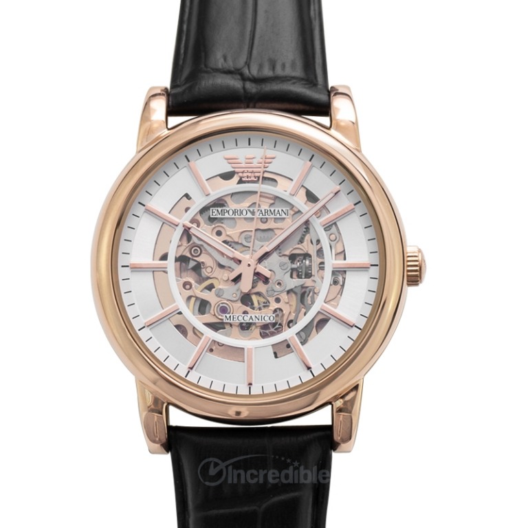 [NEW] Emporio Armani Automatic Silver Skeletal Dial Black Leather Men's ...