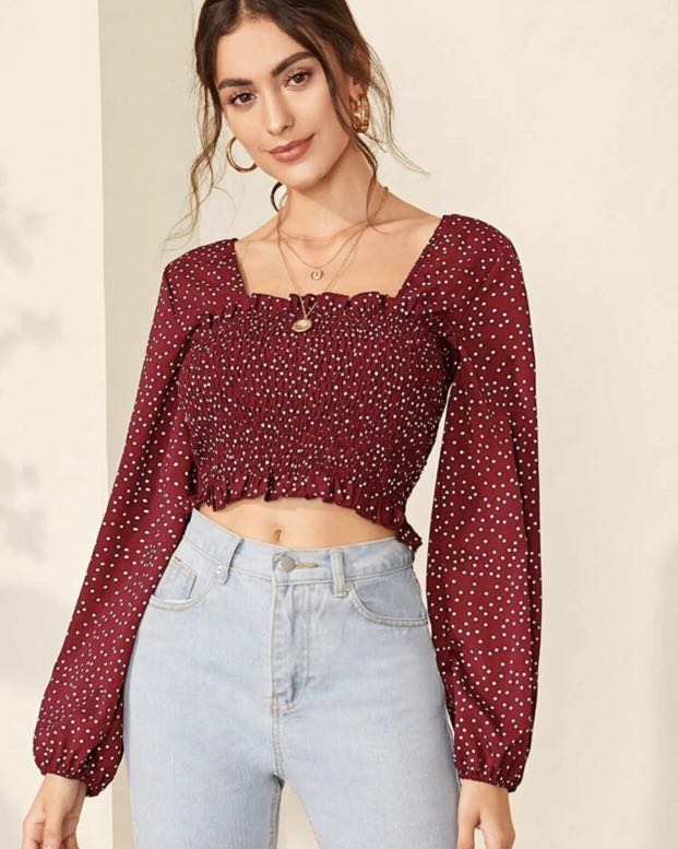 Smocked crop sale top long sleeve