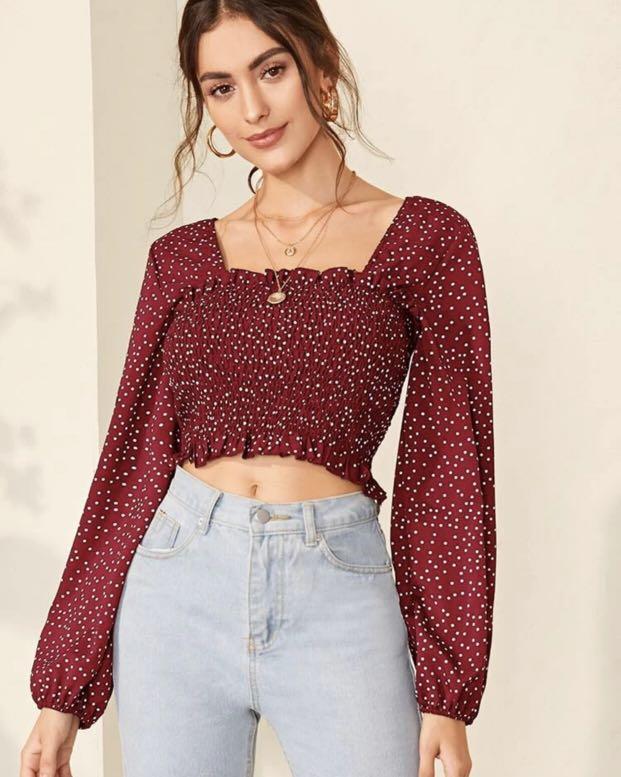 Smocked crop top long sleeve Clearance