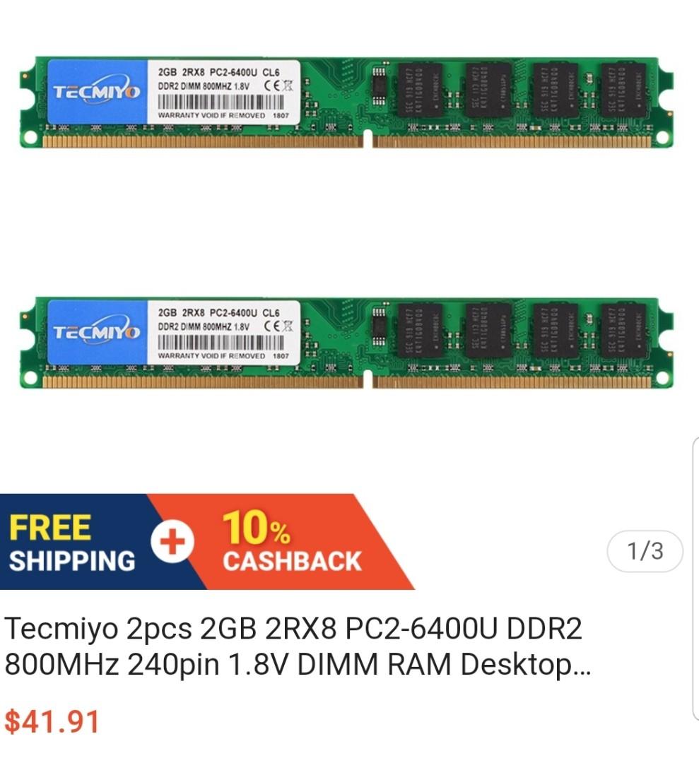 Tecmiyo 4gb Kit 2x2gb Ddr2 800mhz Pc2 6400 Pc2 6400u Non Ecc Unbuffered 1 8v Cl6 2rx8 Dual Rank 240 Pin Udimm Desktop Memory Ram Module Electronics Computer Parts Accessories On Carousell