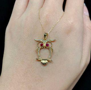 💯% AUTHENTIC 18K Yellow Gold OWL Necklace with 0.20ct Diamond and  0.12ct Ruby