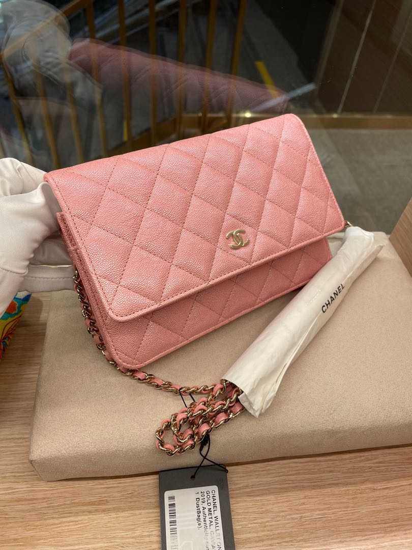 Chanel Wallet On Chain WoC In Pink Iridescent Caviar With Pearly