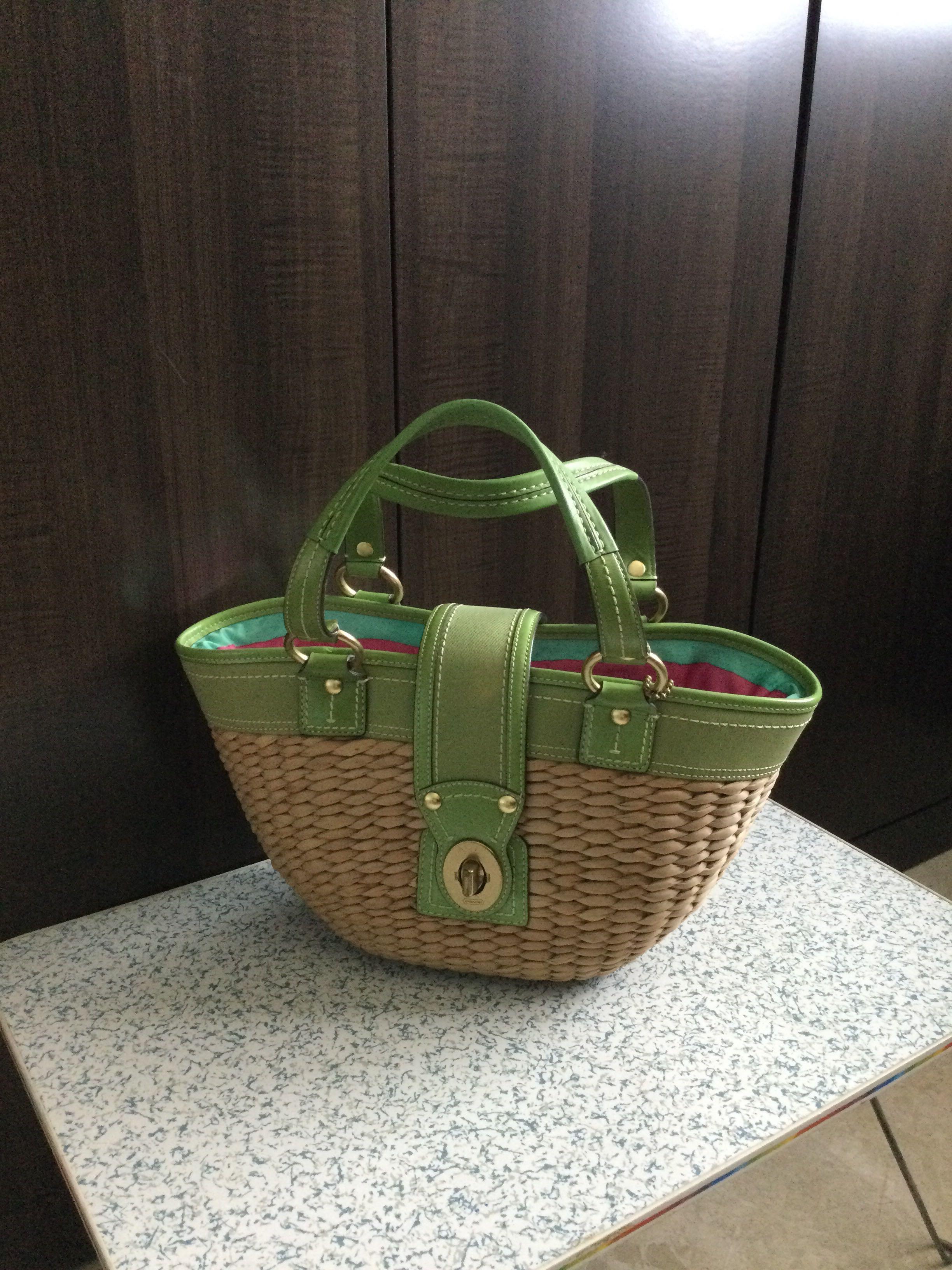 Coach Wicker Basket HandBag 10728 Green Natural Straw Patent