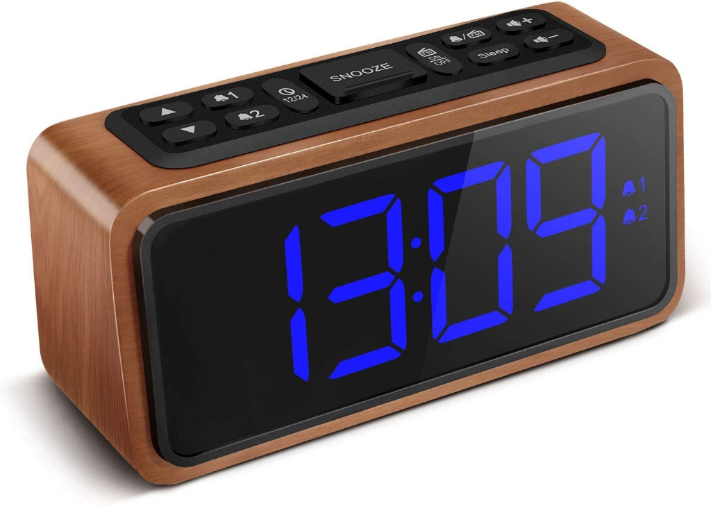 Adjustable Brightness Dimmer and Snooze 12/24 Hour Koosin Large LED Display Wood Digital Alarm Clock Simple LED Clock with Dual Alarm FM Radio Alarm Clock Powered by AC Adapter