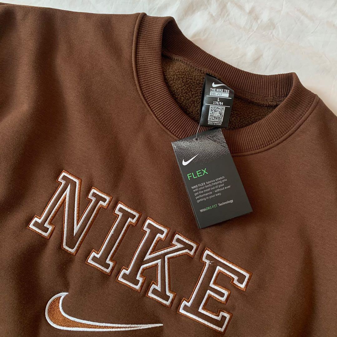 PO | brown nike vintage swoosh logo crewneck sweatshirt pullover sweater, Women's Fashion