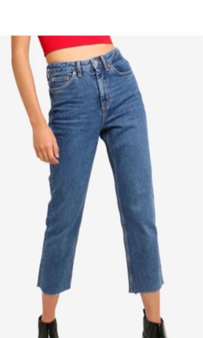 Mid stone raw hem straight top jeans