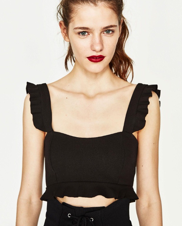 ZARA Ruffles Crop Top in Black, Women's 