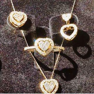 18k japan yellow gold heart illusion diamond necklace, ring and earrings set.