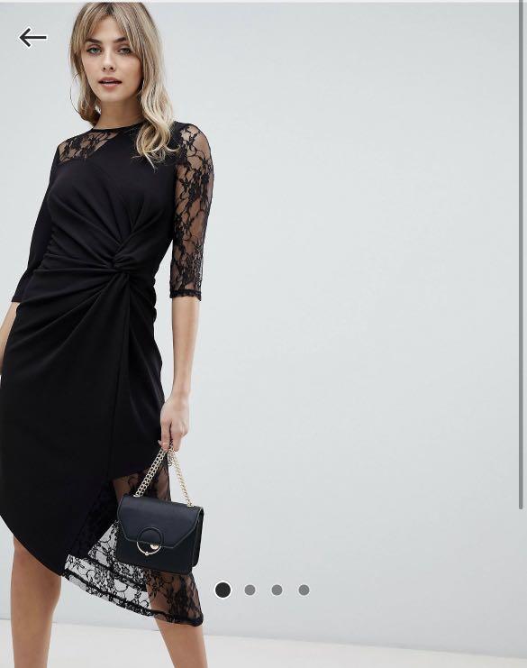 ASOS Design Midi Black Lace Front Twist Work Dress