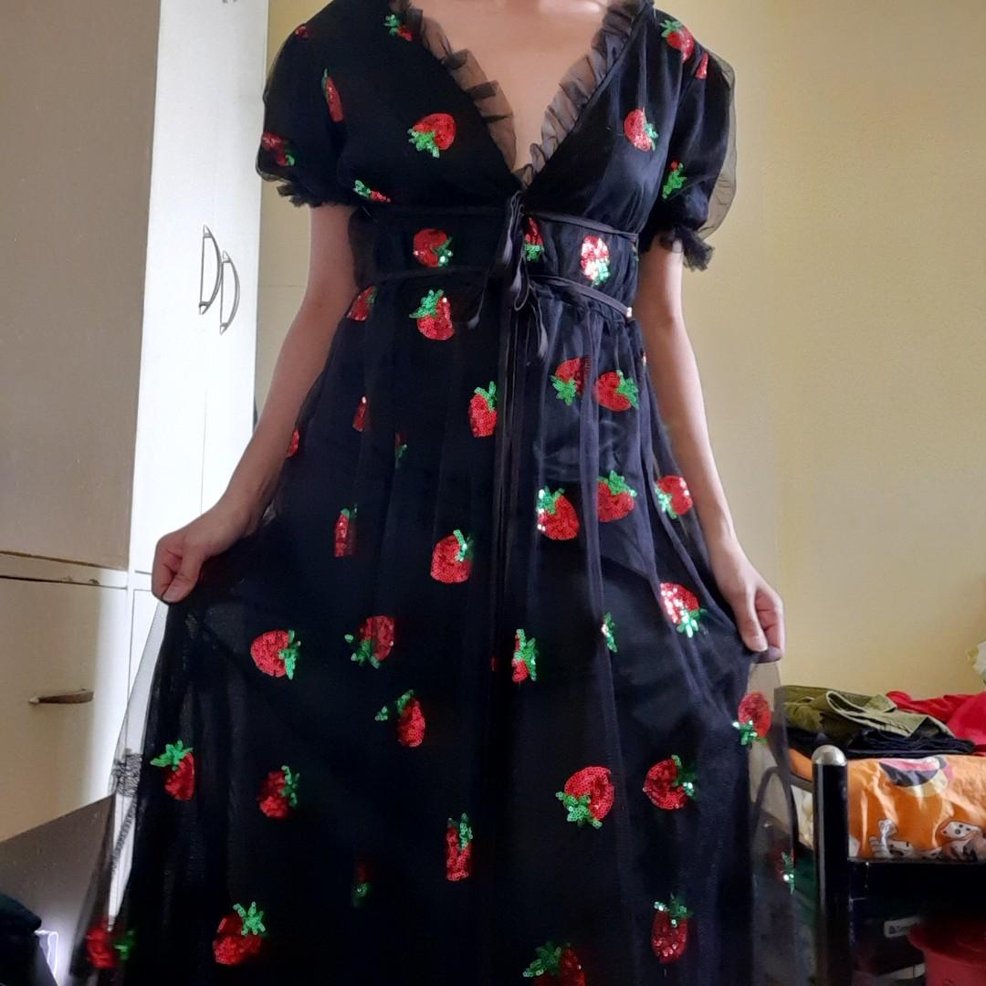 Black Strawberry Dress Women S Fashion Dresses Sets Dresses On Carousell
