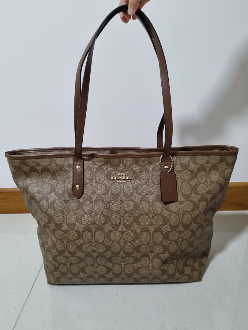 Coach Large City Zip Tote Signature Coated F14929 Light Gold Khaki