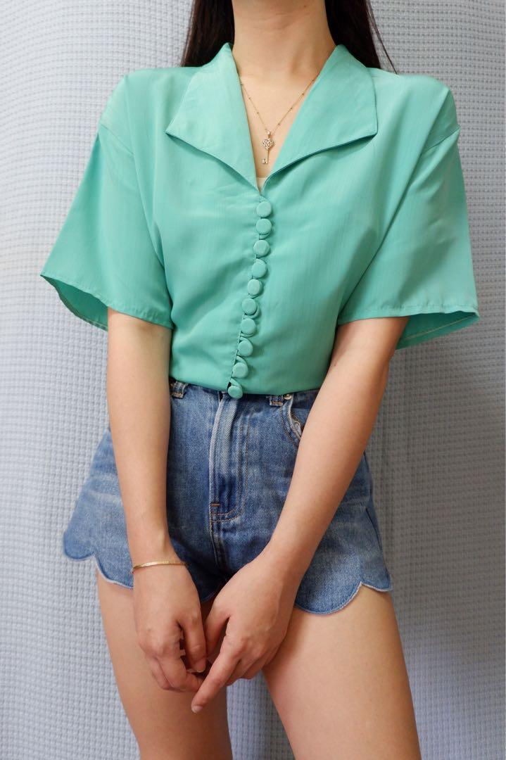 Green vintage blouse, Women's Fashion, Tops, Blouses on Carousell