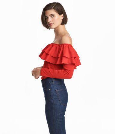 red ruffle top off shoulder