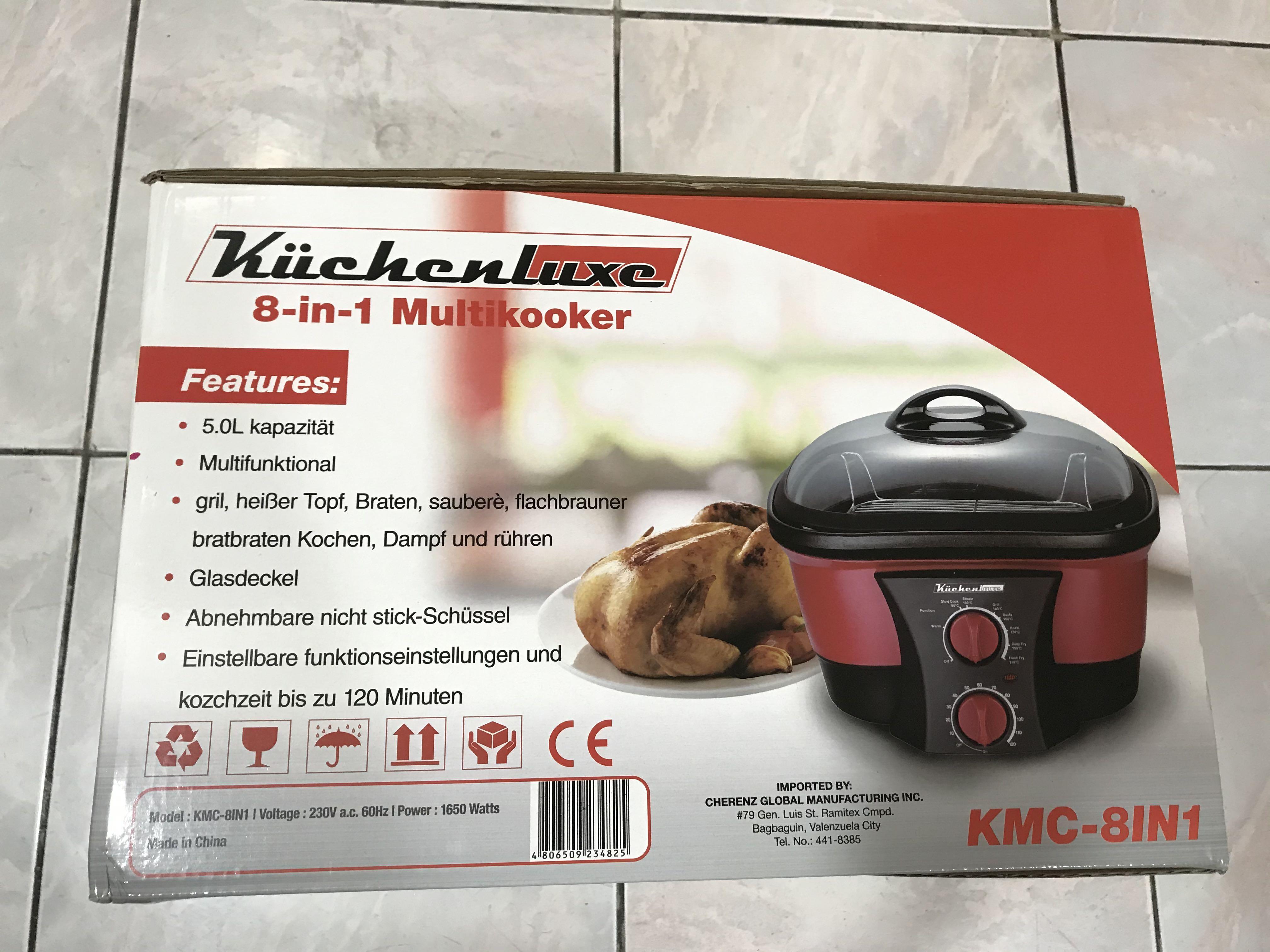 Kuchenluxe 8 in 1 Multikooker (Category: Cookware & Accessories) located in Pasay City. Submitted by kkalien (Listing ID 1076343410, Image 3). Description: BRAND NEW KUCHENLUXE 8 IN 1 MULTIKOOKER‼️ Features: •Grill, hot pot, roast, sauté, shallow fry, slow cook, steam & stir fry •Glass cover lets you see the food as it cooks •Removable non-stick bowl •Adjustable function settings and cooking time up to 120 minutes Specifications: Voltage: 230V a.
