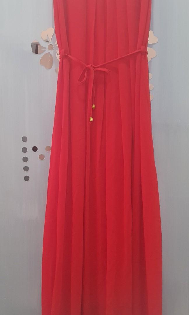 Long red dress with belt (Category: Dresses) located in Cainta. Submitted by budgetfactory (Listing ID 1076426082, Image 2). Description: Only used once as a bridesmaid dress. Made of Polyester Floor-length for me (I'm 4'11") There's a slight damage on the belt..