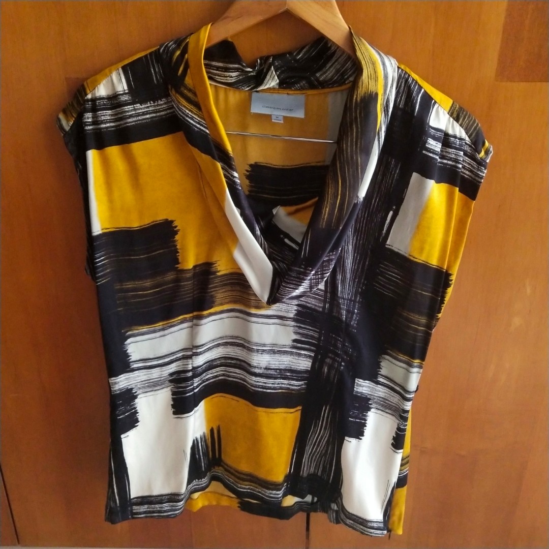 Nordstrom Classiques Entier pure silk charmeuse painterly geometric blouse  size M, excellent condition, mustard black white, Women's Fashion, Tops,  Blouses on Carousell