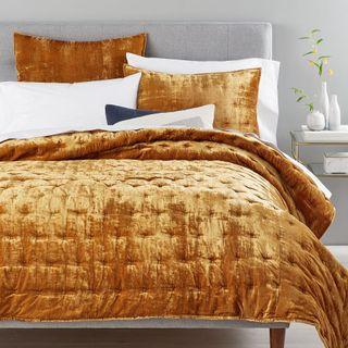 Orig WEST ELM Luxurious Lush Velvet Tack Stitch Quilt Queen Bed Blanket Cover Sheet Duvet Comforter