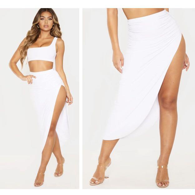 white ruched maxi skirt