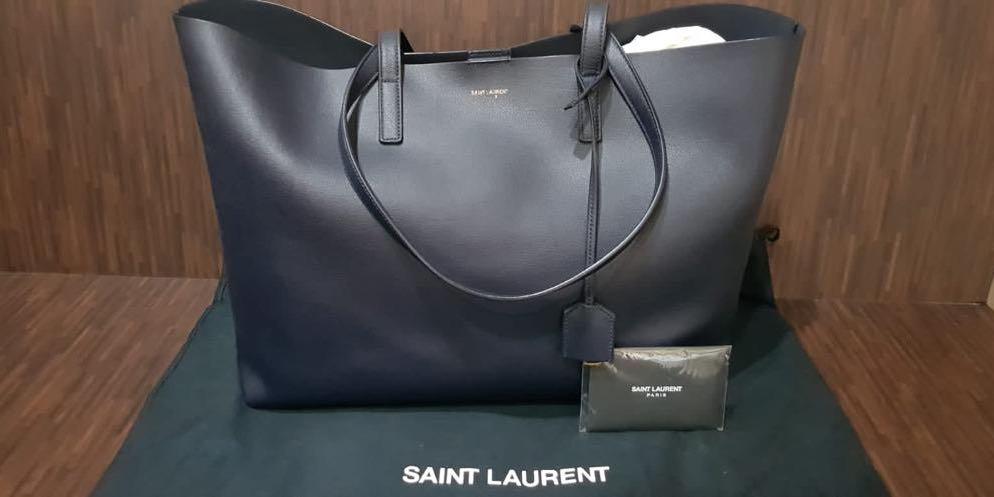 Saint Laurent East West Calfskin Shopping Tote Bag In Grey