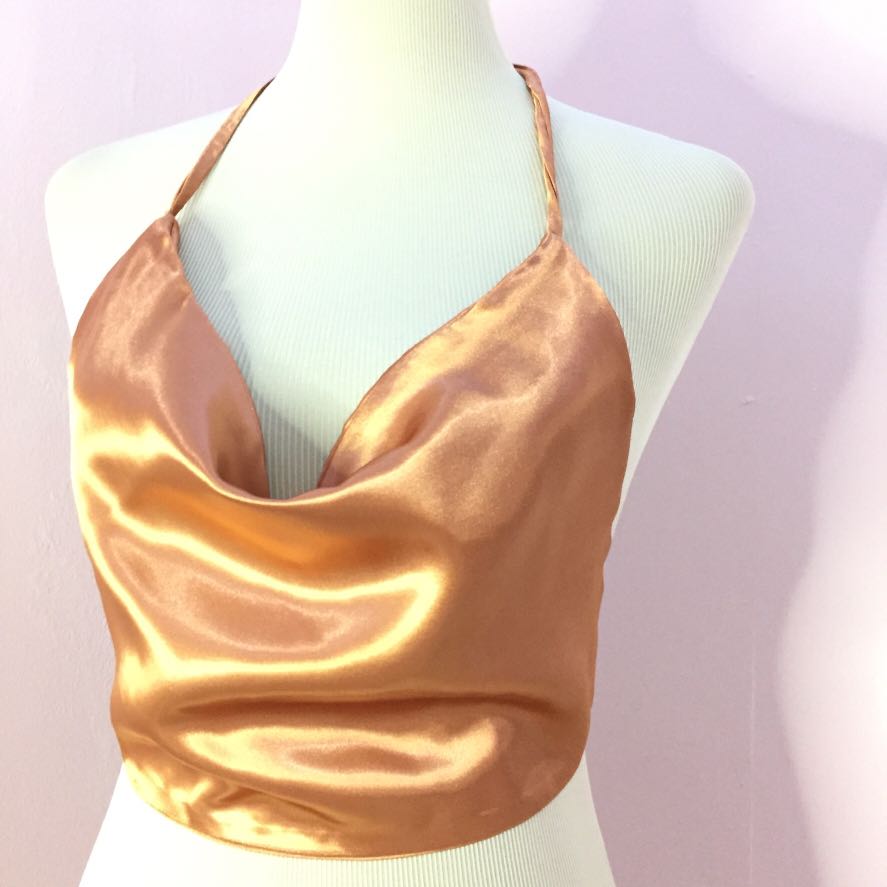 Brown silk crop top flowy satin backless, Women's Fashion, Tops, Sleeveless  on Carousell