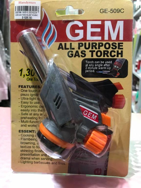 GEM All Purpose GAS TORCH (SLANT) GE-509C (Category: Bathroom & Kitchen Fixtures) located in Manila. Submitted by dyoza2008 (Listing ID 1076644679, Image 3). Description: Model- GE 509C Size- 150 X 65 X 45mm Unit Weight- 150 grams Type of Gas- Butane Perfect for: -Cooking and Catering -Flambe, caramelizing browning, adding color and texture to food, finishing foods. -Lighting barbecues and fires -PVC pipe bending, defrosting and thawing frozen wa