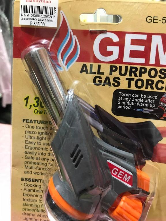 GEM All Purpose GAS TORCH (SLANT) GE-509C (Category: Bathroom & Kitchen Fixtures) located in Manila. Submitted by dyoza2008 (Listing ID 1076644679, Image 2). Description: Model- GE 509C Size- 150 X 65 X 45mm Unit Weight- 150 grams Type of Gas- Butane Perfect for: -Cooking and Catering -Flambe, caramelizing browning, adding color and texture to food, finishing foods. -Lighting barbecues and fires -PVC pipe bending, defrosting and thawing frozen wa