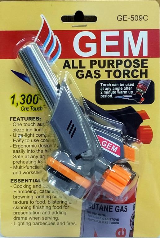 GEM All Purpose GAS TORCH (SLANT) GE-509C (Category: Bathroom & Kitchen Fixtures) located in Manila. Submitted by dyoza2008 (Listing ID 1076644679, Image 1). Description: Model- GE 509C Size- 150 X 65 X 45mm Unit Weight- 150 grams Type of Gas- Butane Perfect for: -Cooking and Catering -Flambe, caramelizing browning, adding color and texture to food, finishing foods. -Lighting barbecues and fires -PVC pipe bending, defrosting and thawing frozen wa