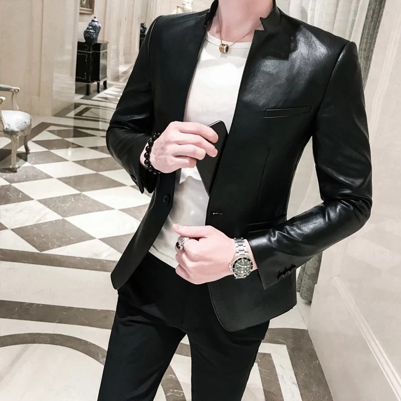 Mens leather blazer slim fit best sale
