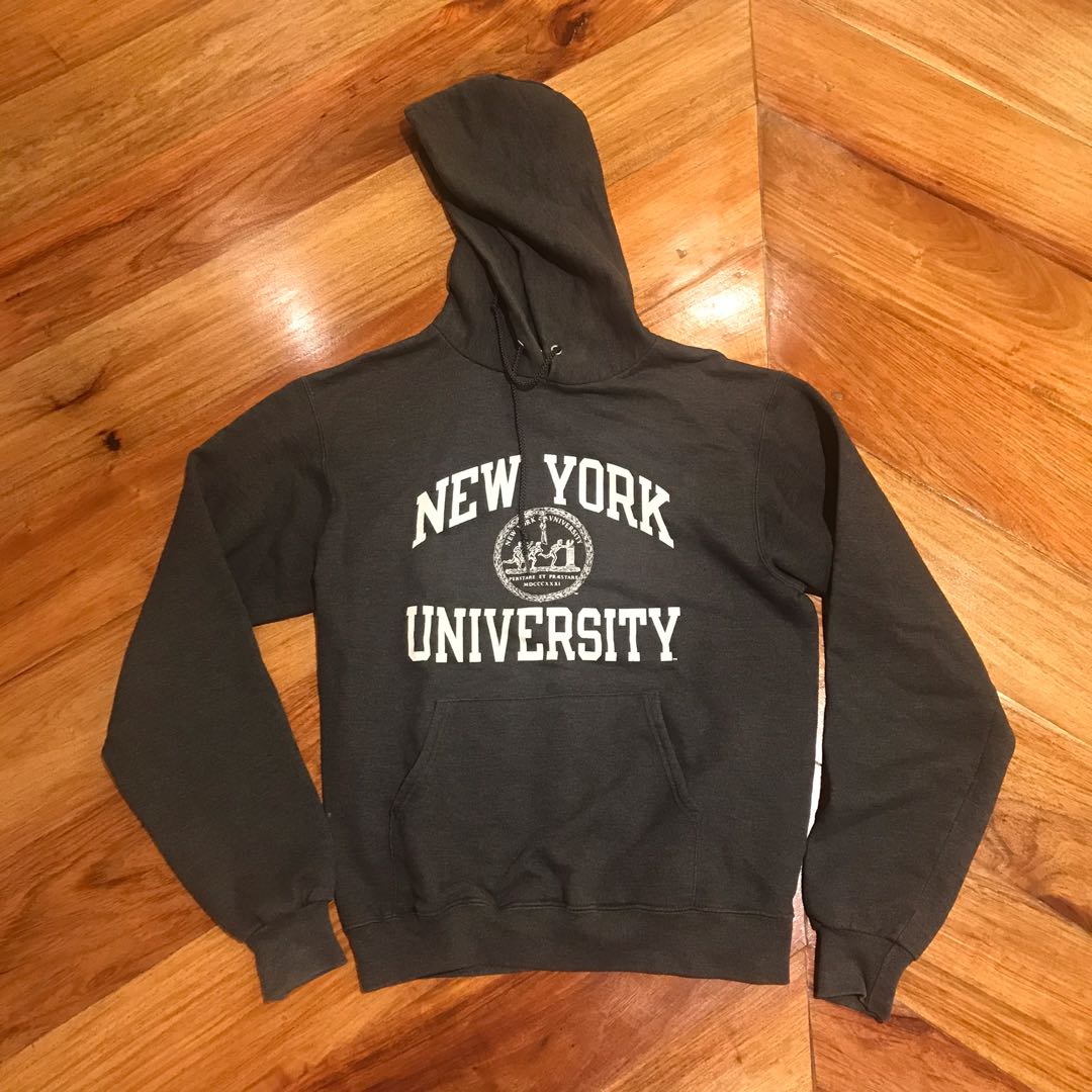 New York University Champion Gray Hoodie, Men's Fashion, Tops 