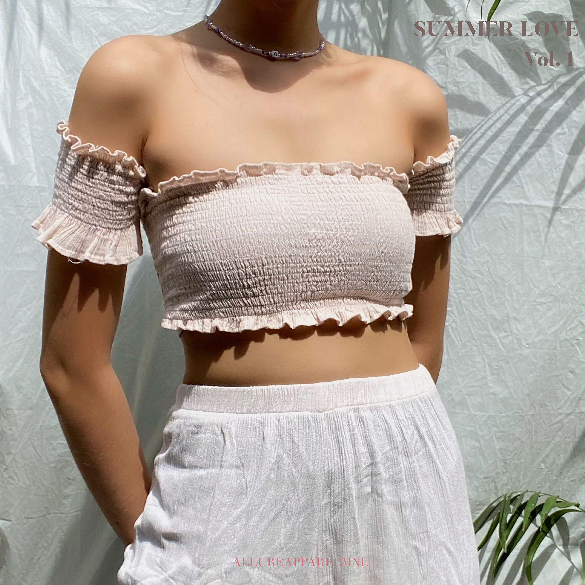 nude off shoulder smocked top Women s Fashion Tops Sleeveless