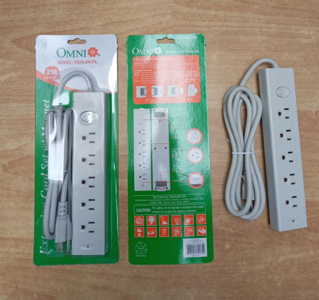 Omni extension cord with 5 outlet 2 meters, TV & Home Appliances