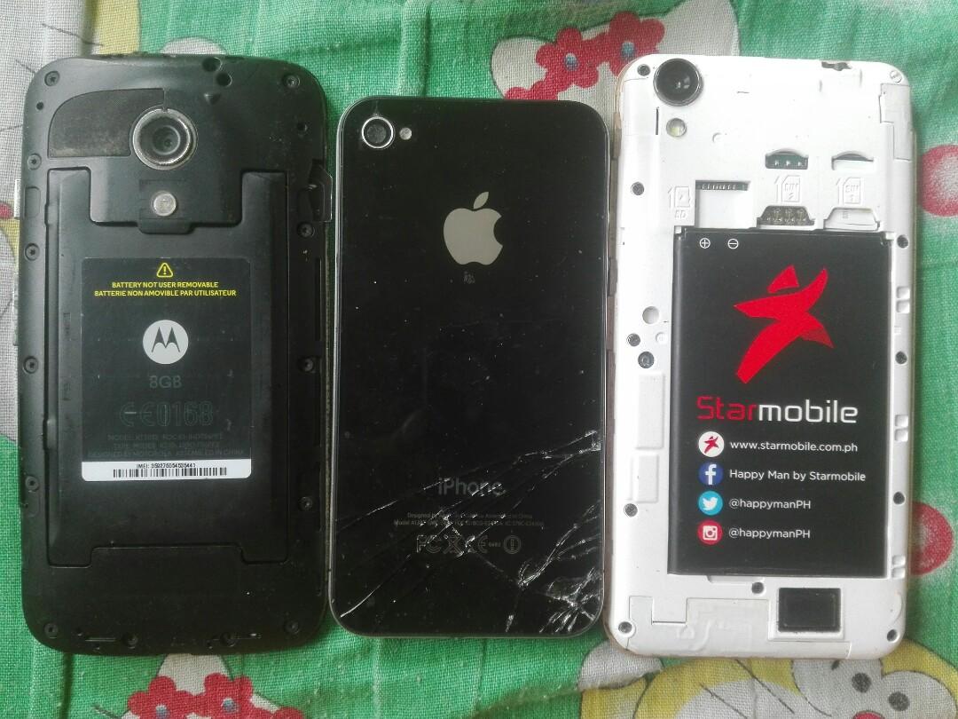 Take all defective cellphone (Category: Android Others) located in Pasig City. Submitted by gavepsalmstuff (Listing ID 1076534301, Image 3). Description: please make reading a habit 1. motorola - bigla na lang nagba black out. sira sim slot. pang wifi na lang pag naayos yung sira. ganda ng cam nito. super linaw. ang hirap na iopen.😢 2. iPhone 4 - black na lang screen. bukod pa dun sa sira nya sa upper part. sira din sim tray, di na natatanggal. 