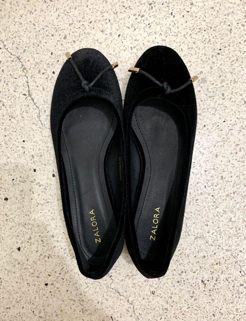 Zalora Black Velvet Flat Shoes with Gold Details Women s Fashion