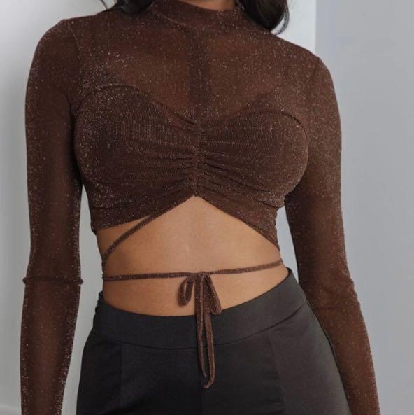 Chocolate brown sparkly ruched mesh long sleeve crop top, Women's Fashion,  Clothes on Carousell