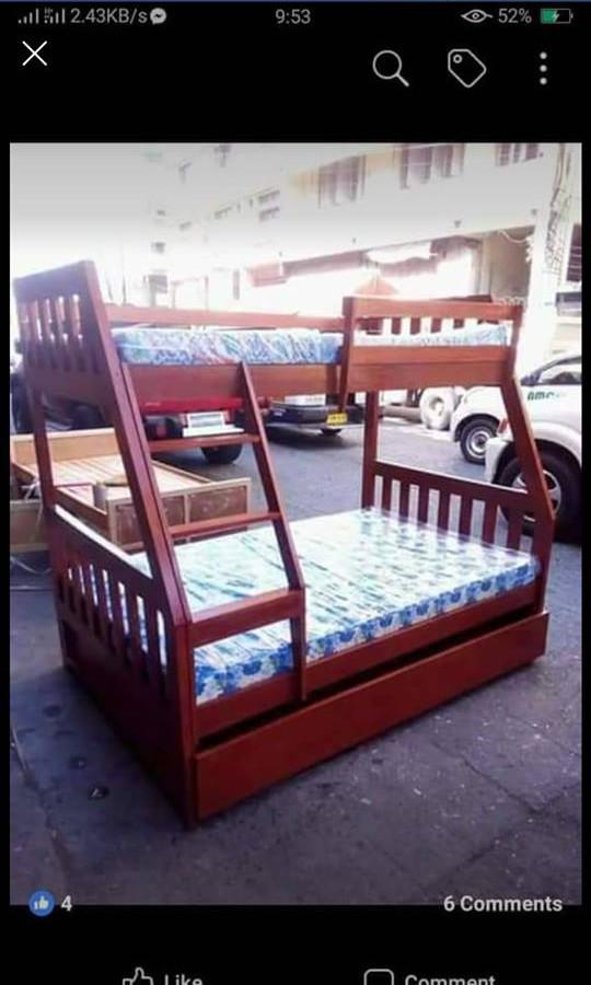 Double Deck with pullout bed HINDI KASAMA FOAM (Category: Bed Frames & Mattresses) located in Quezon City. Submitted by leocarloswoodcrafts (Listing ID 1076866593, Image 1). Description: made from solid mahogany wood. FOAM NOT INCLUDED Available sizes: (in inches) 36x75 top bed 48x75 main bed 36x72 pullover bed Free delivery within metro manila Message me via Facebook fb.com/LeoCarlosWoodCrafts OR email lagguileocarlo16@gmail.com or call/text 095