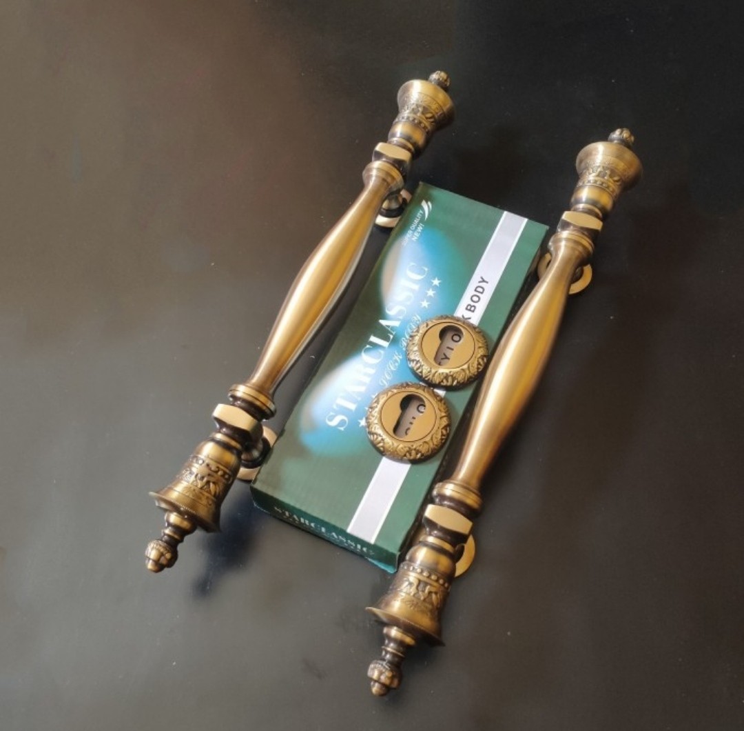 HANDLE PINTU RUMAH - HANDLE PINTU KUNINGAN MOTIF LONCENG ANTIK SET