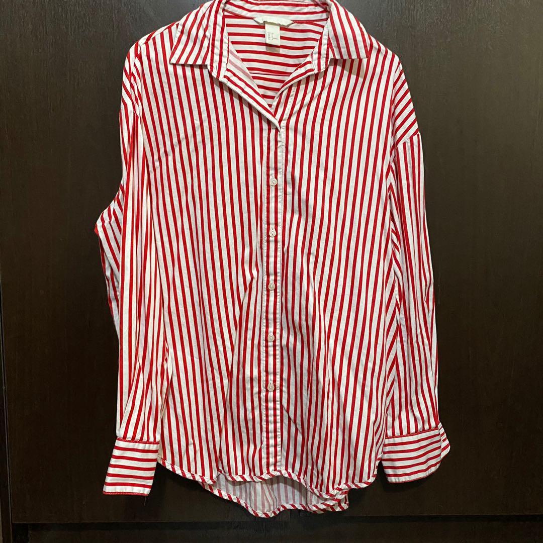 Hu0026M Red and White Stripes Oversized Shirt, Women's Fashion, Tops, Blouses  on Carousell
