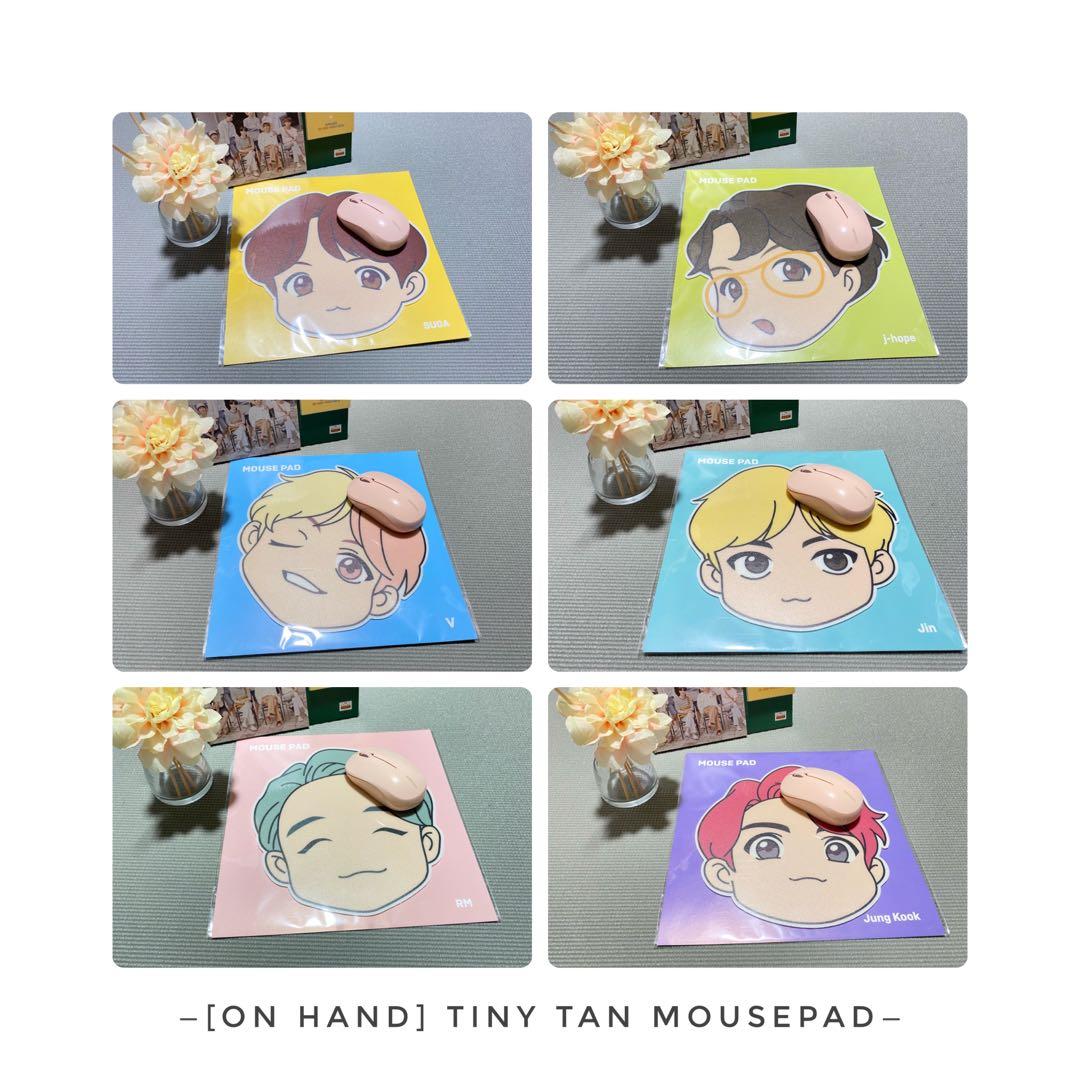 [ON HAND] Tiny Tan Mousepad- Sealed (Category: Mouse & Mousepads) located in Quezon City. Submitted by allseoulmerch (Listing ID 1076801867, Image 1). Description: Item is bought directly from Korea Pop Up store. Sealed. Never been opened. Available: RM Jin Suga J hope V Jungkook *Mouse not included Size: 222mm x 217 mm x 22 mm Country of Origin: South Korea Batch no./Manufacture Date SJ201101/ 2019.10.