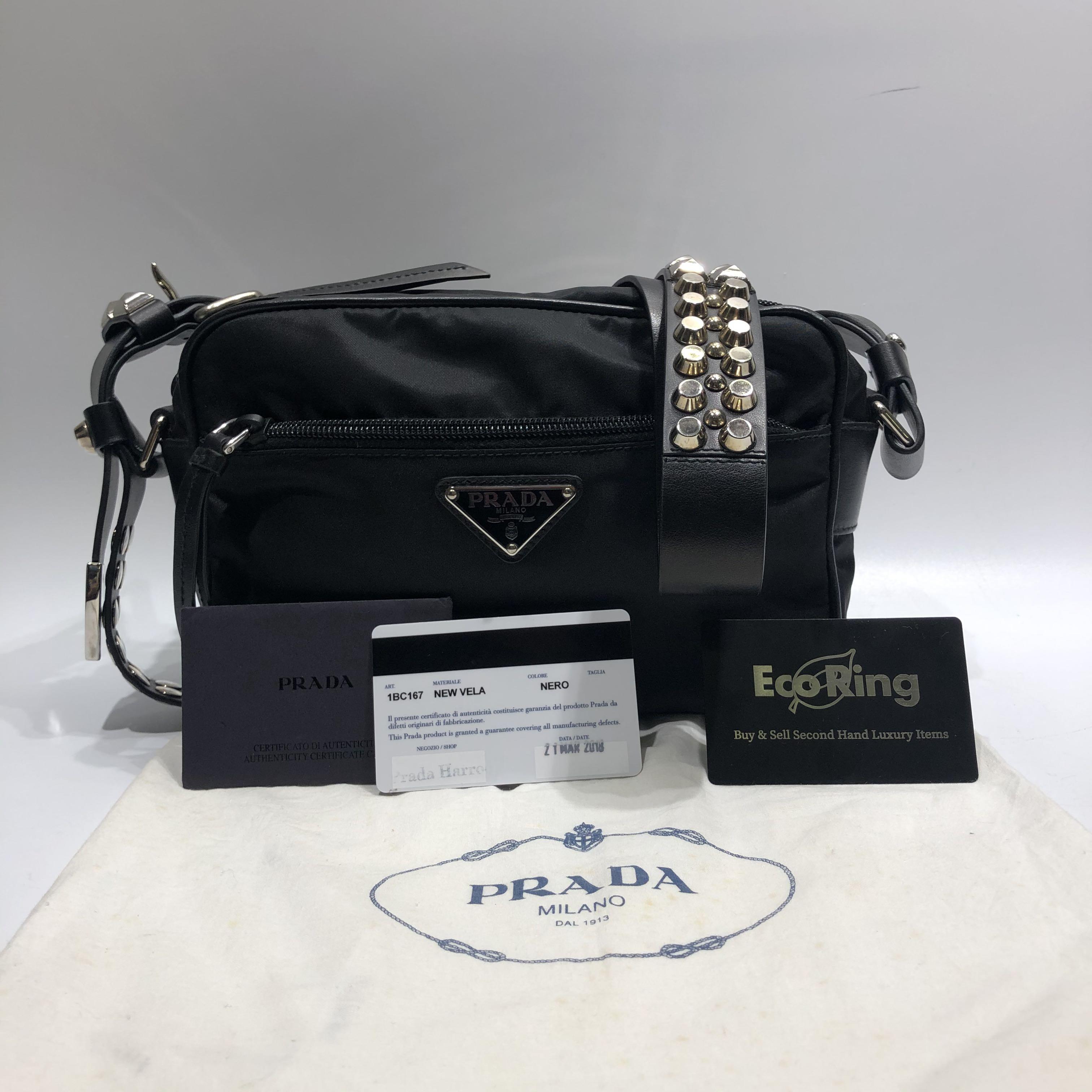 Prada black nylon online shoulder bag with studding
