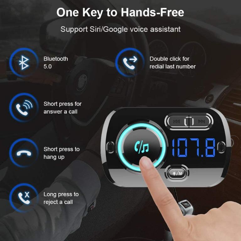 SONRU Newest FM Transmitter Bluetooth 5.0, Bluetooth Car Radio Transmitter  Handsfree Car Kit QC3.0 USB Car Charger, Support TF Card AUX Input, Crystal  Sound, Color Light, 1.1M Cable, 2 Install Ways, Audio