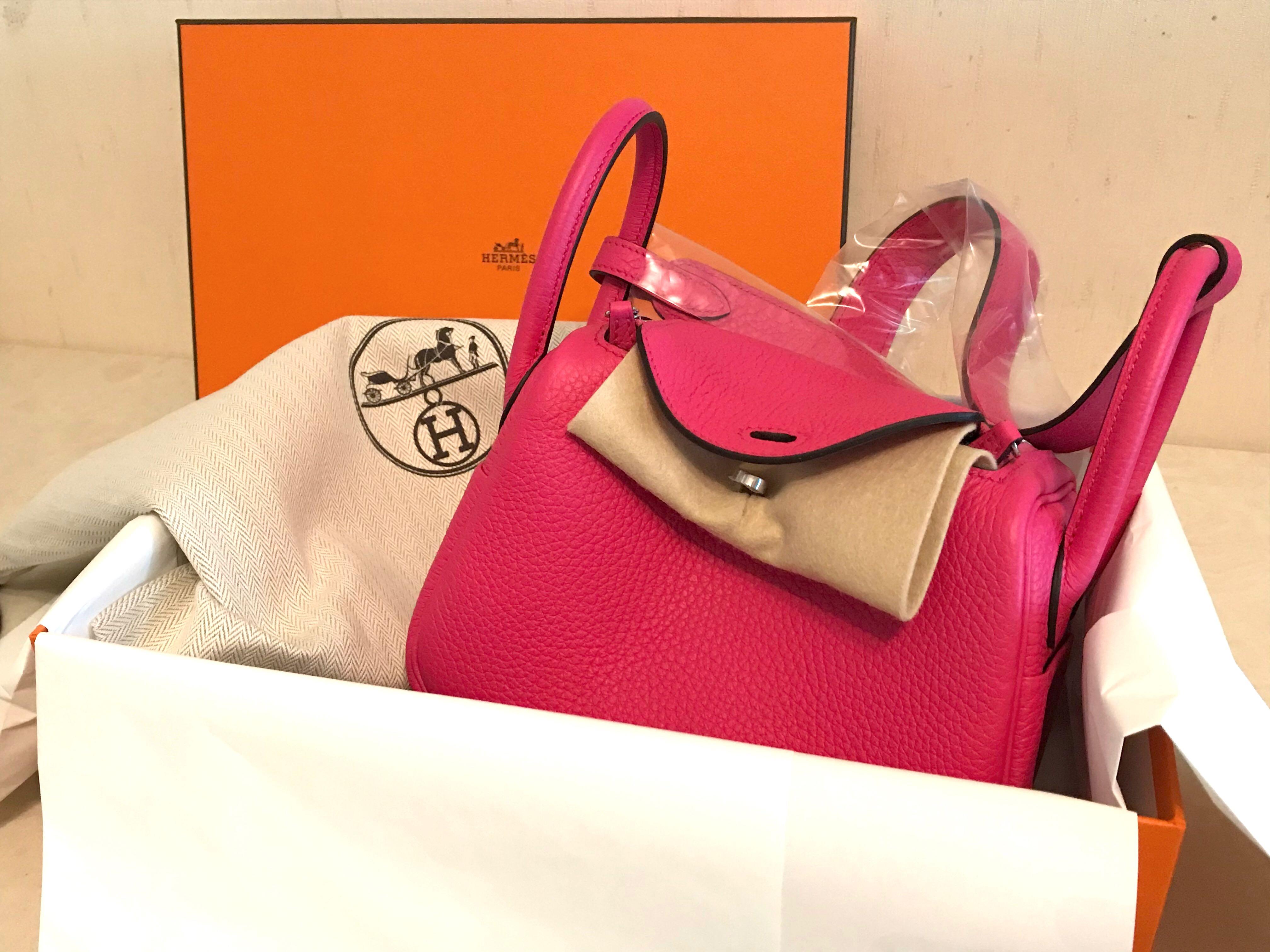 HERMES Mini Lindy Handbags 5R Rose Shocking( Authentic) Clemence Leather,NEW
