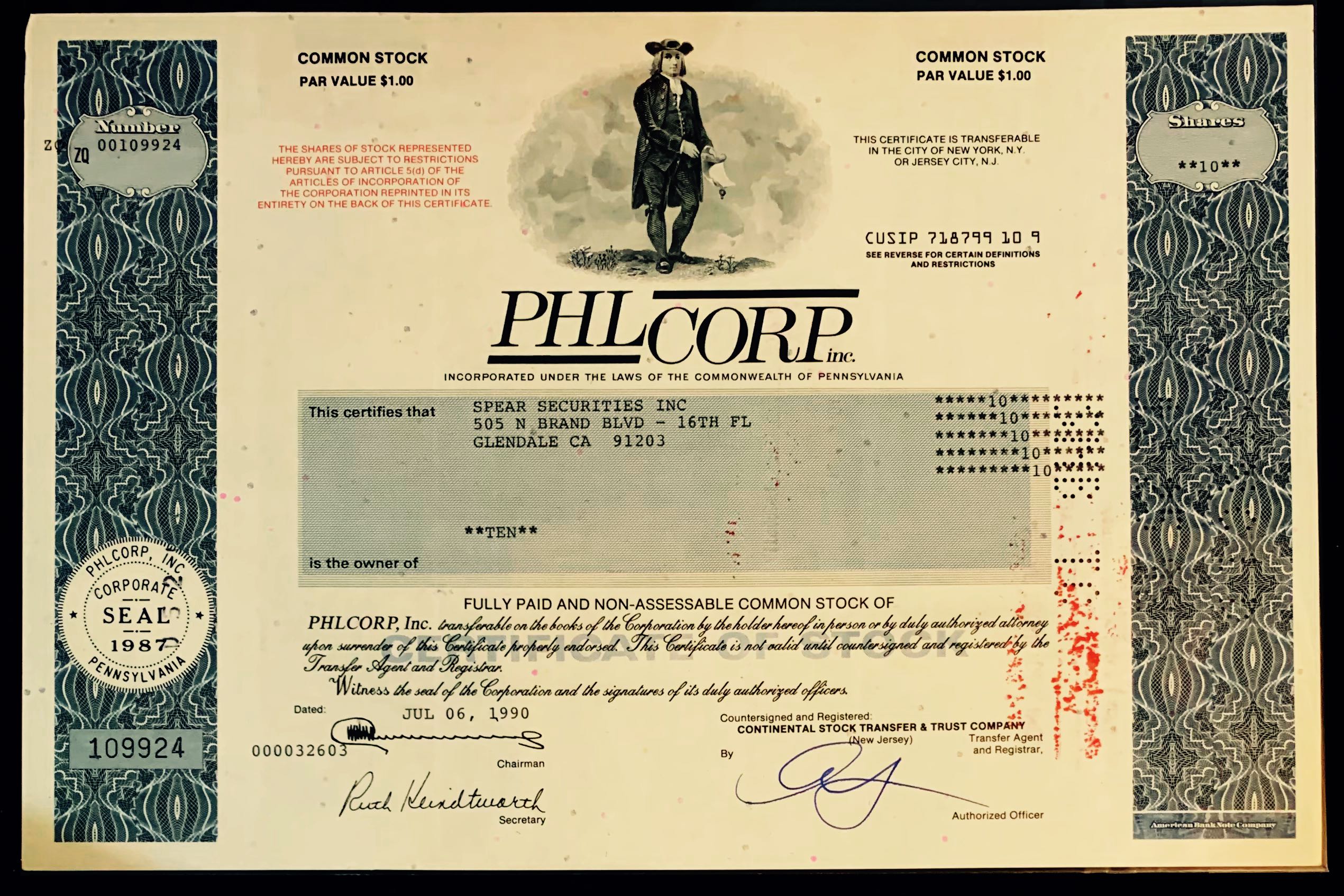 Issued 6th Jul 1990 Old Vintage Stock Certificate 10 Shares Common Stock Of Phl Corp Inc To Spears Securities Inc By Registrar Continental Stock Transfer Trust Co Transfer Agent Great Condition 100