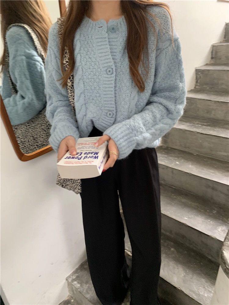 light blue knit cardigan
