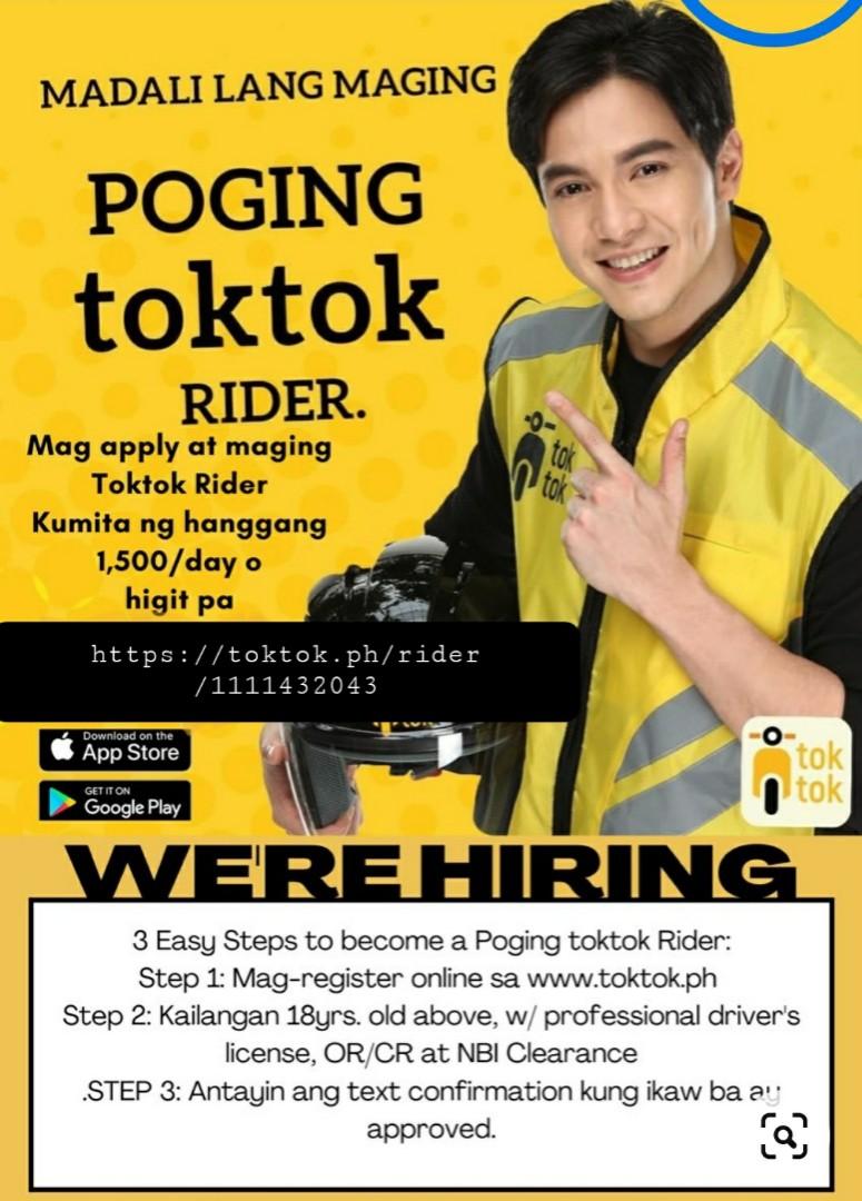 Become a TokTok Rider! (Category: Announcements) located in Paranaque City. Submitted by krghpro (Listing ID 1077046270, Image 1). Description: Earn as much as 1500 per day! May Motor ka ba? Join ka na! click Registration link https://toktok.ph/rider/1111432043 please read requirement details. text us at 09273349130 kung may tanong ka. Salamat!.