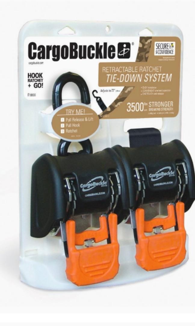 CargoBuckle G3 Retractable Ratchet Tie-Down System – 2-Pack, 3,500 Lb Break Strength, 72" Polyester Web