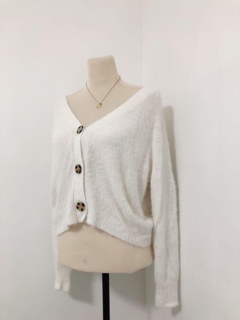 Garage White Fuzzy Fur Button Up Cardigan Long Sleeves Pullover