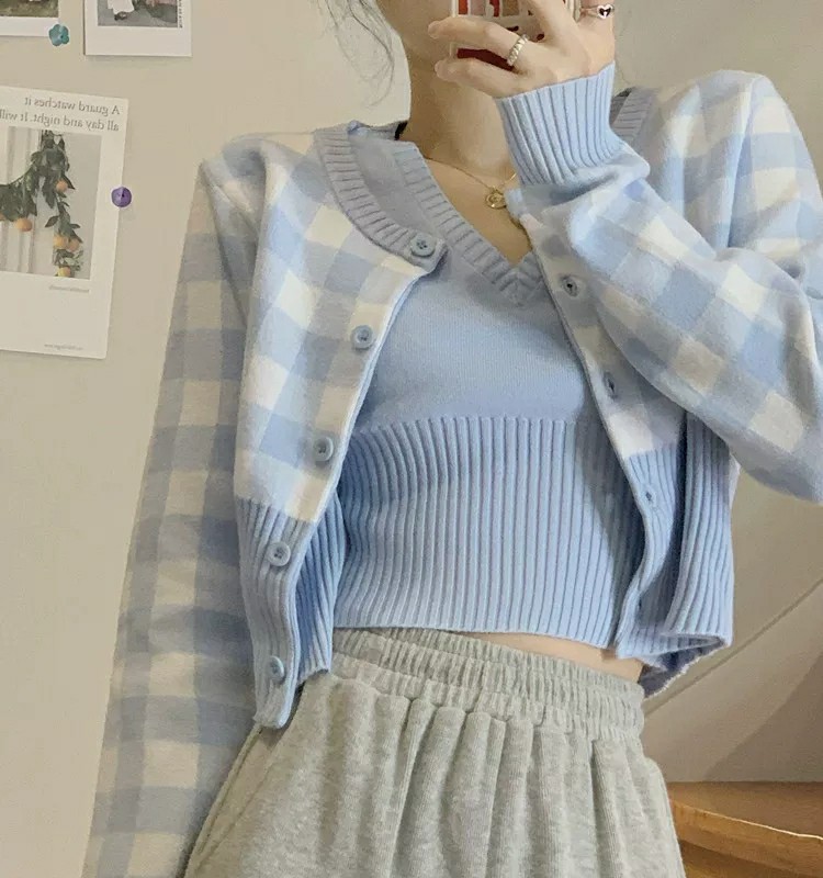 Instock light blue checkered cardigan, Women's Fashion, Coats, Jackets and  Outerwear on Carousell