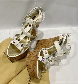 Louis Vuitton women multicolor monogram wedge sole white sandal size 38  used