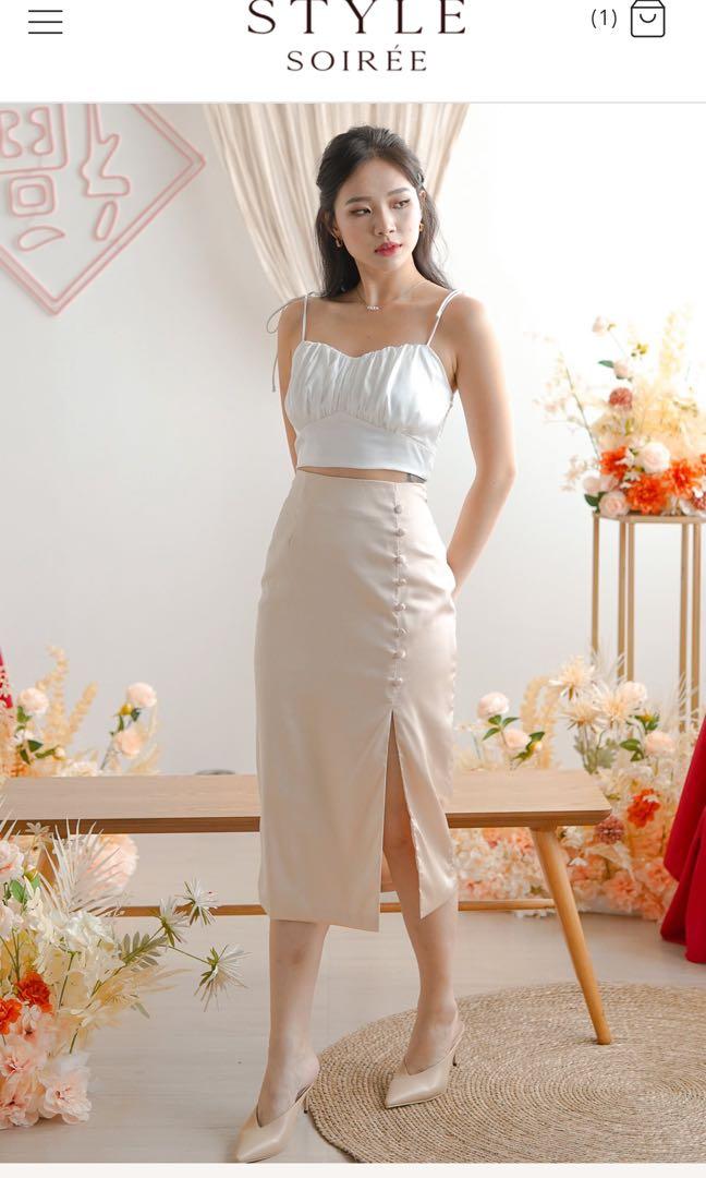 The Style Soiree Reine Satin Skirt in Light Gold Women s Fashion Bottoms Skirts on Carousell