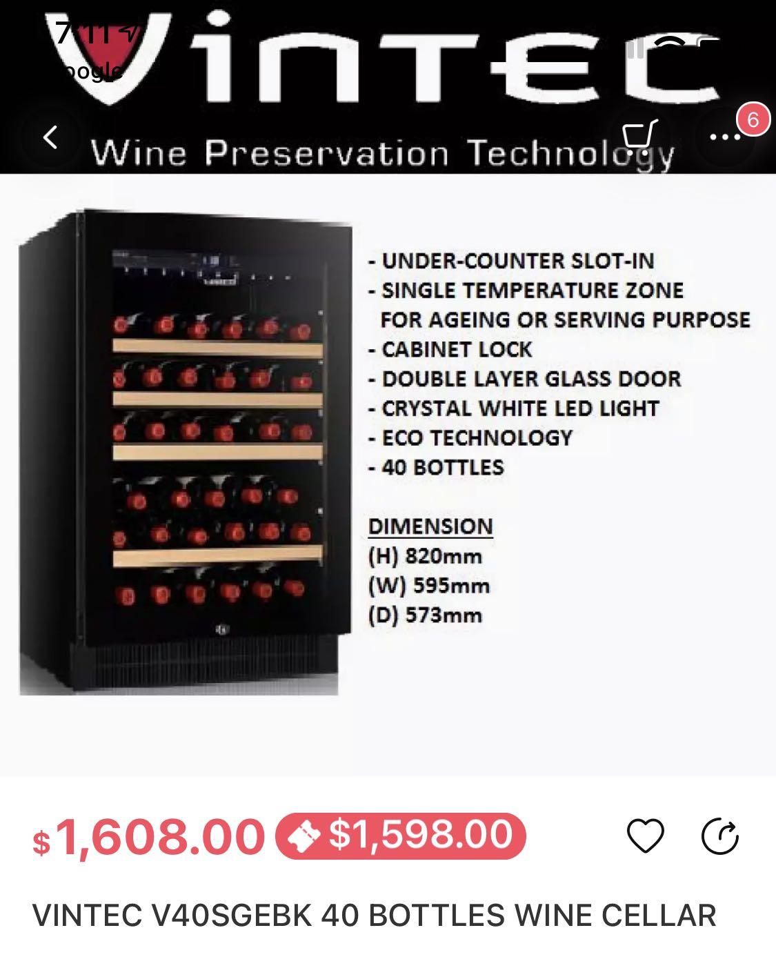 Vintec 40 bottles single temp wine fridge V40SGEBK TV Home Appliances Kitchen Appliances Refrigerators Freezers on Carousell